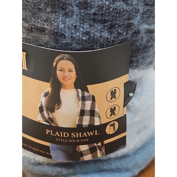 New Womens Igloos Blue/Grey PLAID SHAWL Wrap Warm And Soft - Picture 3 of 12